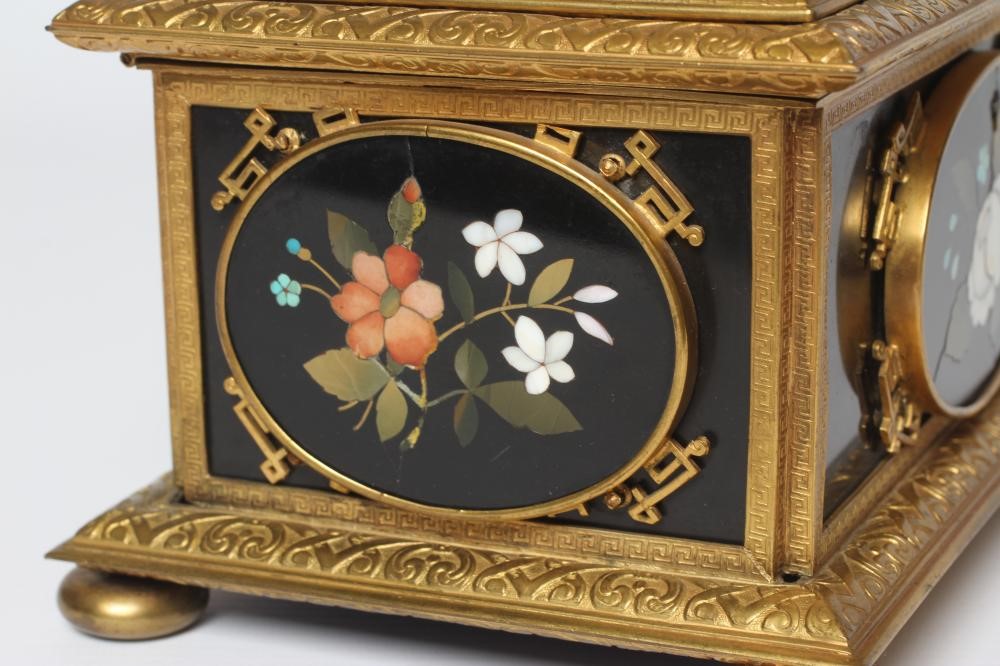 AN ITALIAN STYLE ORMOLU MOUNTED BLACK SLATE PIETRA DURA INLAID CASKET Image