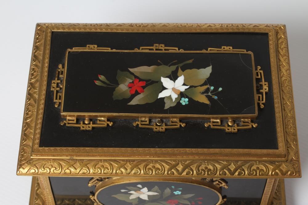 AN ITALIAN STYLE ORMOLU MOUNTED BLACK SLATE PIETRA DURA INLAID CASKET Image