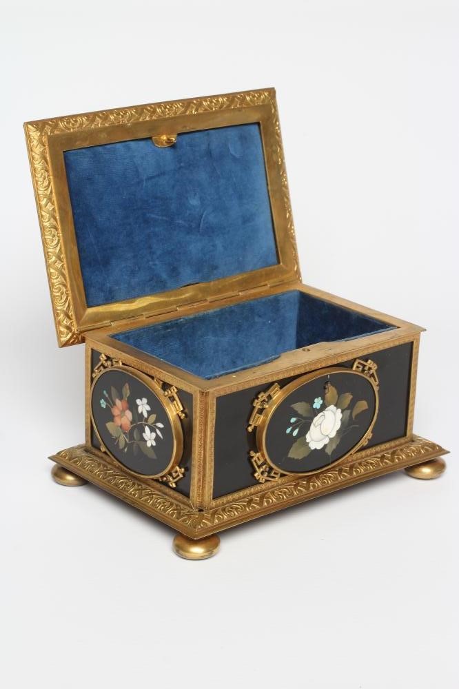 AN ITALIAN STYLE ORMOLU MOUNTED BLACK SLATE PIETRA DURA INLAID CASKET Image