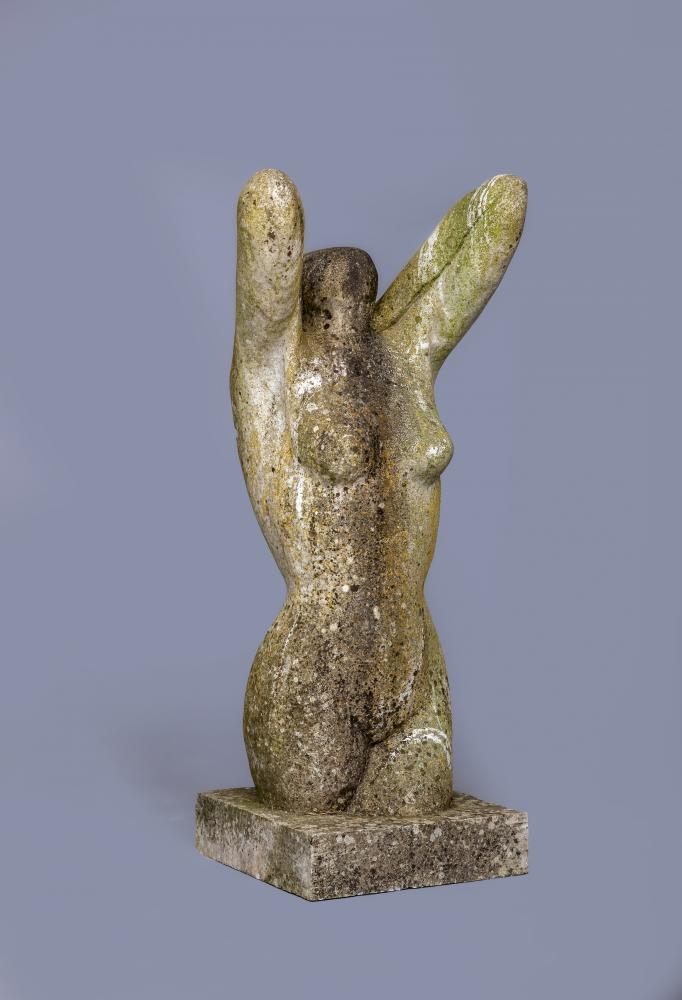 A MARBLE FEMALE NUDE FIGURE, 20th century, modernist, half length, modelled with arms stretched Image
