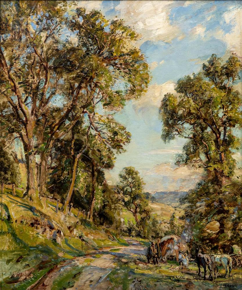 HERBERT F ROYLE (1870-1958) Gypsy Encampment on a Rural Track, signed lower right, oil on canvas, Image
