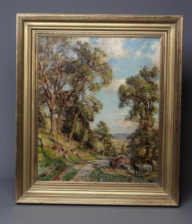 HERBERT F ROYLE (1870-1958) Gypsy Encampment on a Rural Track, signed lower right, oil on canvas, Image