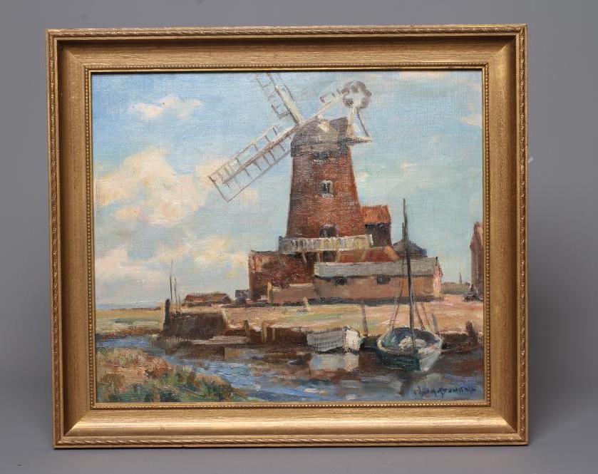 OWEN BOWEN (1873-1967) Windmill Beside a Waterway, signed lower left, oil on canvas board, 11" x Image