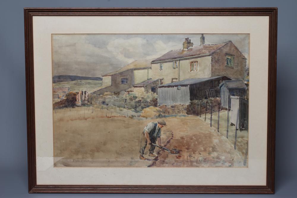 FRED STEAD (1863-1940) View of a Farmstead with Farmer Digging in the Foreground, signed lower left, Image