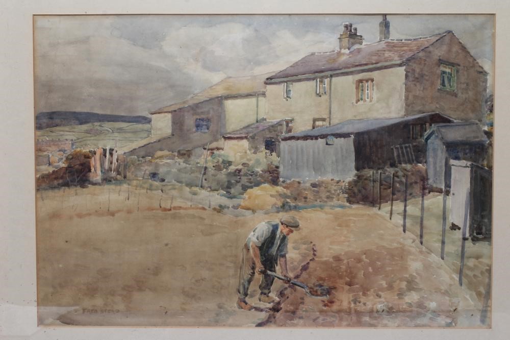 FRED STEAD (1863-1940) View of a Farmstead with Farmer Digging in the Foreground, signed lower left, Image