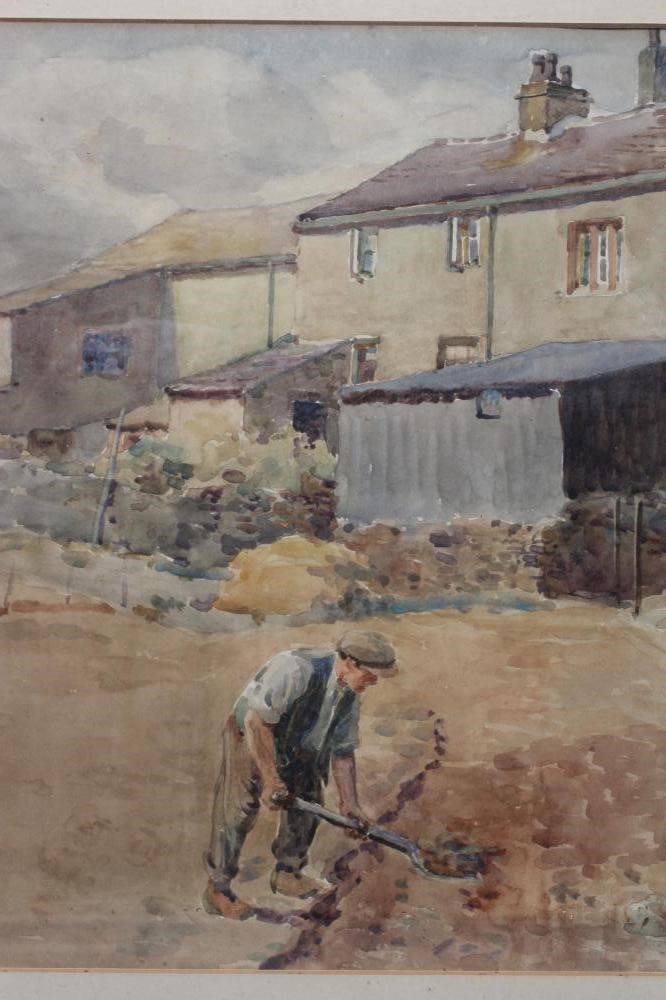 FRED STEAD (1863-1940) View of a Farmstead with Farmer Digging in the Foreground, signed lower left, Image