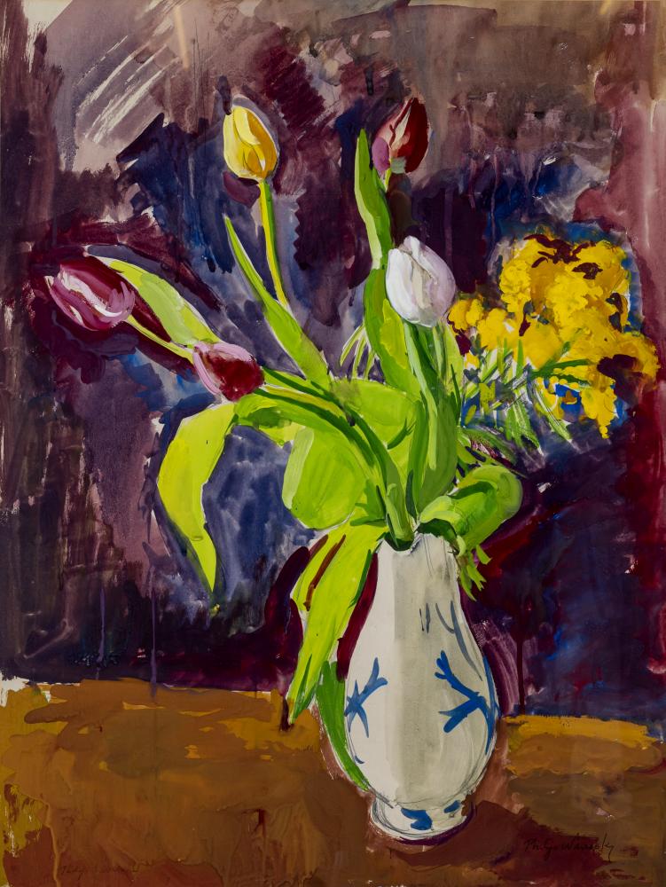 PHILIP NAVIASKY (1894-1983) Still Life of Tulips in a Blue and White Vase, signed lower right, mixed Image