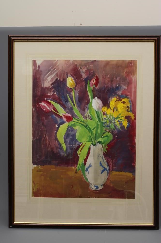 PHILIP NAVIASKY (1894-1983) Still Life of Tulips in a Blue and White Vase, signed lower right, mixed Image
