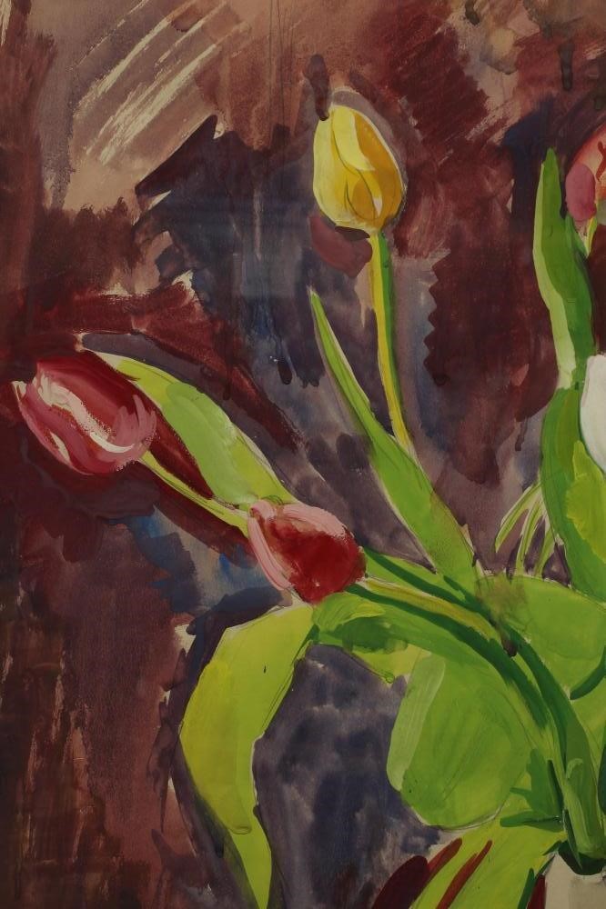PHILIP NAVIASKY (1894-1983) Still Life of Tulips in a Blue and White Vase, signed lower right, mixed Image