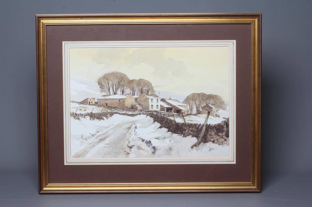 TERRY LOGAN (b.1938) Snowbound Yorkshire Farm, signed lower right, watercolour heightened with Image
