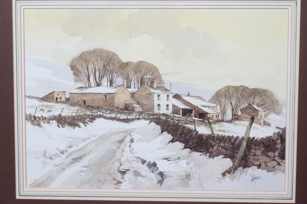 TERRY LOGAN (b.1938) Snowbound Yorkshire Farm, signed lower right, watercolour heightened with Image