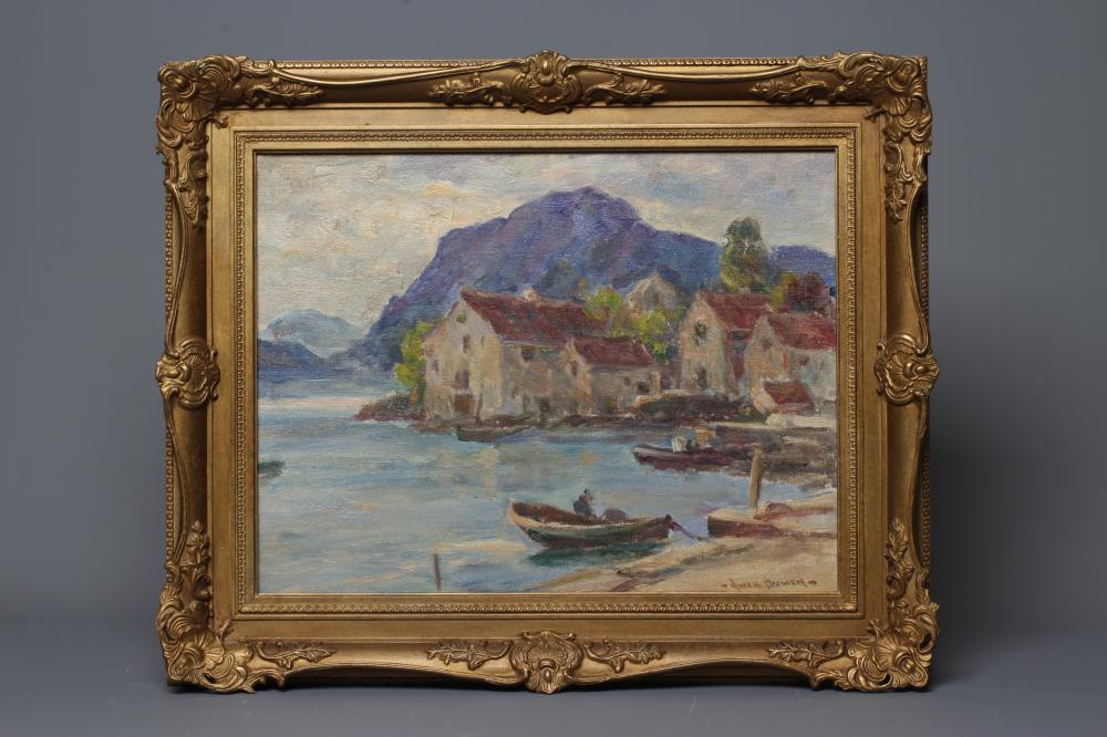OWEN BOWEN (1873-1967) Harbour scene, signed lower right, oil on board, 14" x 18", modern gilt swept Image