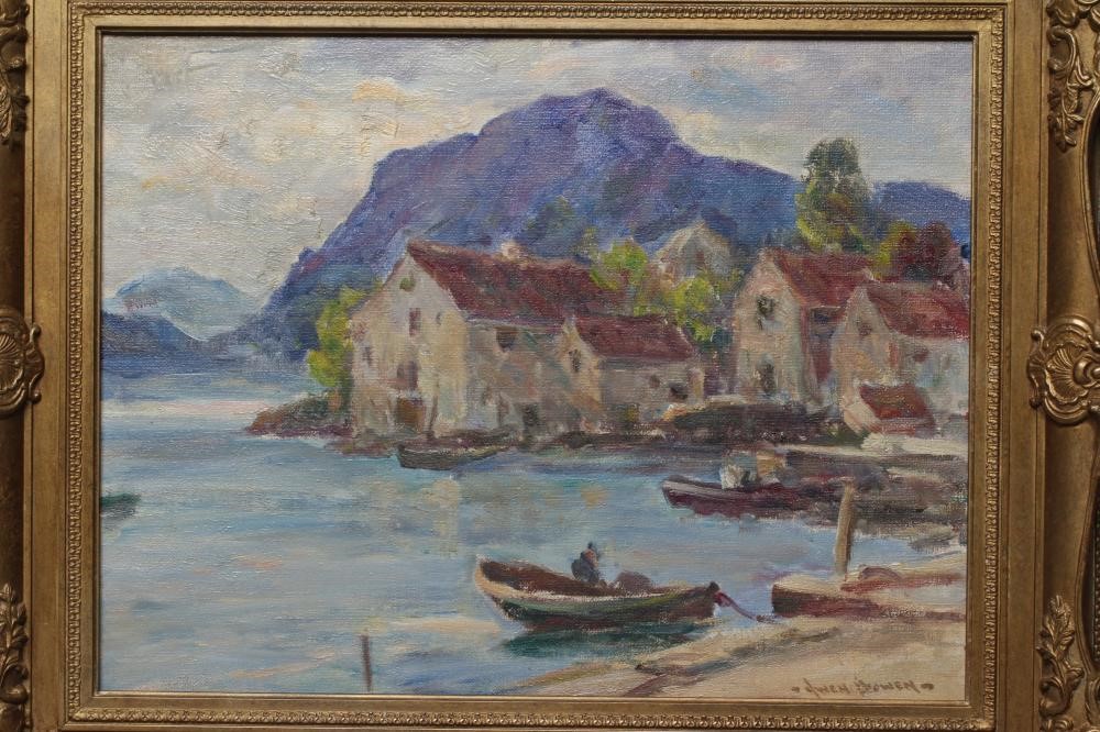 OWEN BOWEN (1873-1967) Harbour scene, signed lower right, oil on board, 14" x 18", modern gilt swept Image