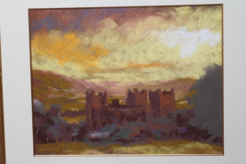 TERRY LOGAN (b.1938) Castle Bolton, signed lower left, inscribed with title on label verso, pastel, Image