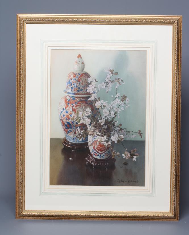 GEOFFREY H ROBINSON (b.1925) Prunus Pissardi and Old Imari Vase, signed lower right and dated '91, Image