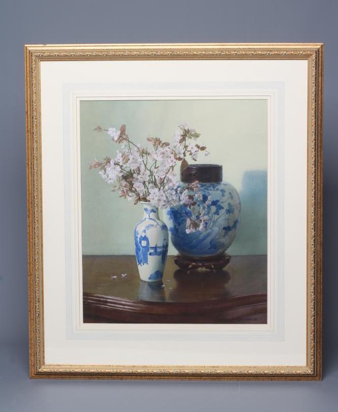 GEOFFREY H ROBINSON (b.1925) Still Life with Blossom and a Chinese Vase, signed lower right and Image
