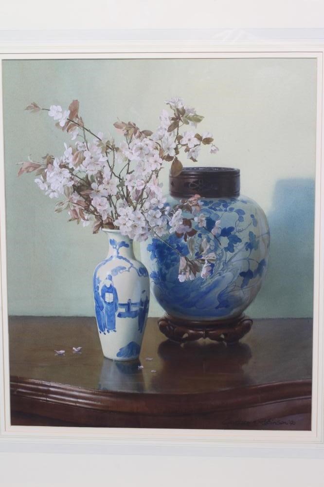 GEOFFREY H ROBINSON (b.1925) Still Life with Blossom and a Chinese Vase, signed lower right and Image