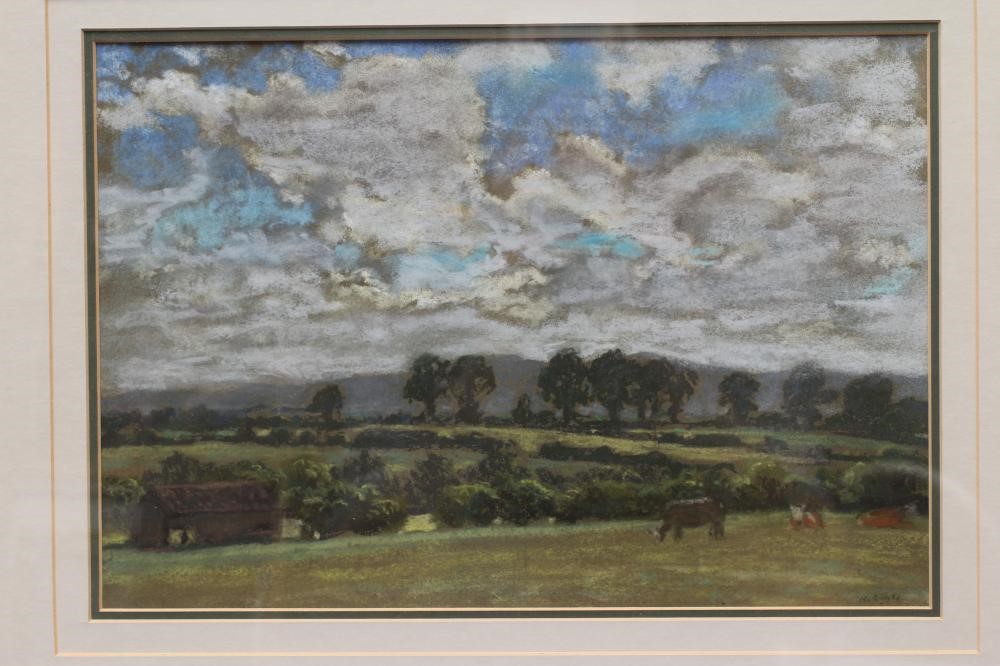 HERBERT F ROYLE (1870-1958) Cattle in pasture with hills beyond, pastel, signed lower right, 10" x Image