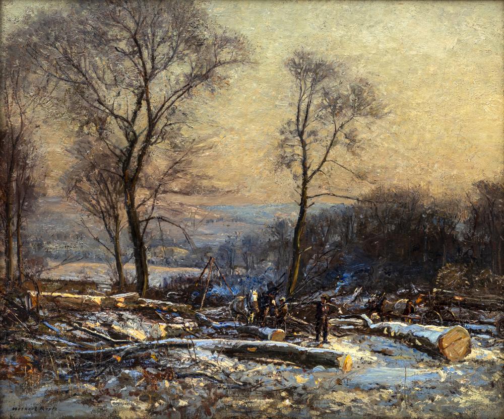 HERBERT F ROYLE (1870-1958) Snowbound Woodland Scene with Horse Logging Team, signed lower left, oil Image