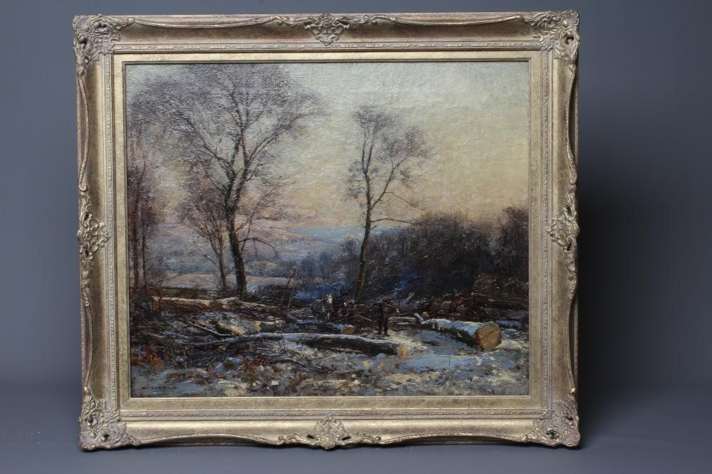 HERBERT F ROYLE (1870-1958) Snowbound Woodland Scene with Horse Logging Team, signed lower left, oil Image