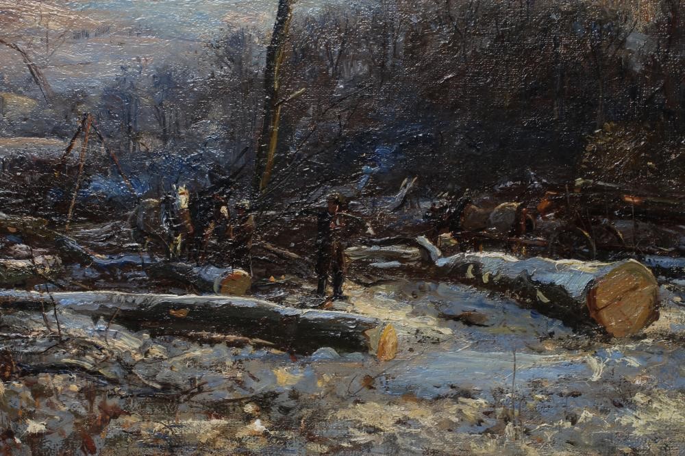 HERBERT F ROYLE (1870-1958) Snowbound Woodland Scene with Horse Logging Team, signed lower left, oil Image