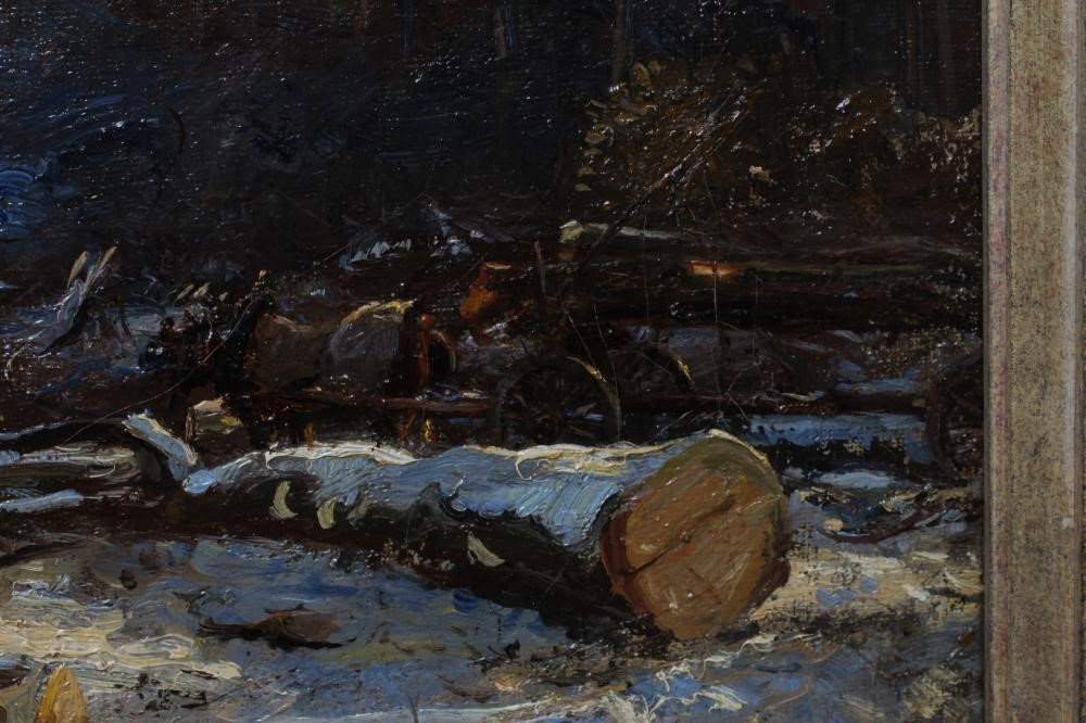 HERBERT F ROYLE (1870-1958) Snowbound Woodland Scene with Horse Logging Team, signed lower left, oil Image