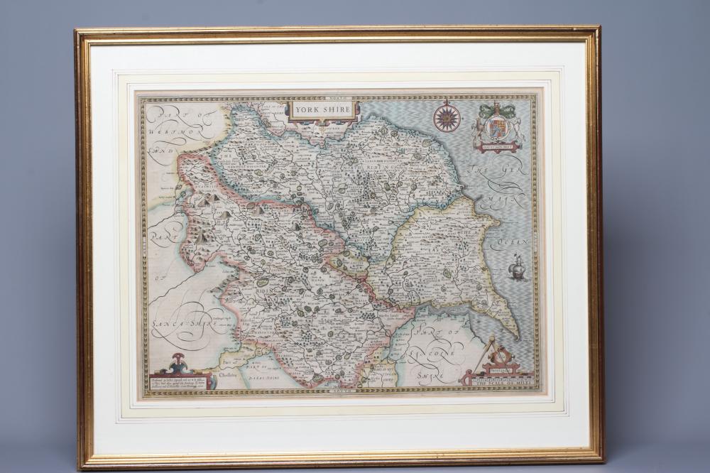 JOHN SPEED (1552-1629) Map of Yorkshire c.1610, engraving with later hand colouring, 25 1/2" x 20" Image