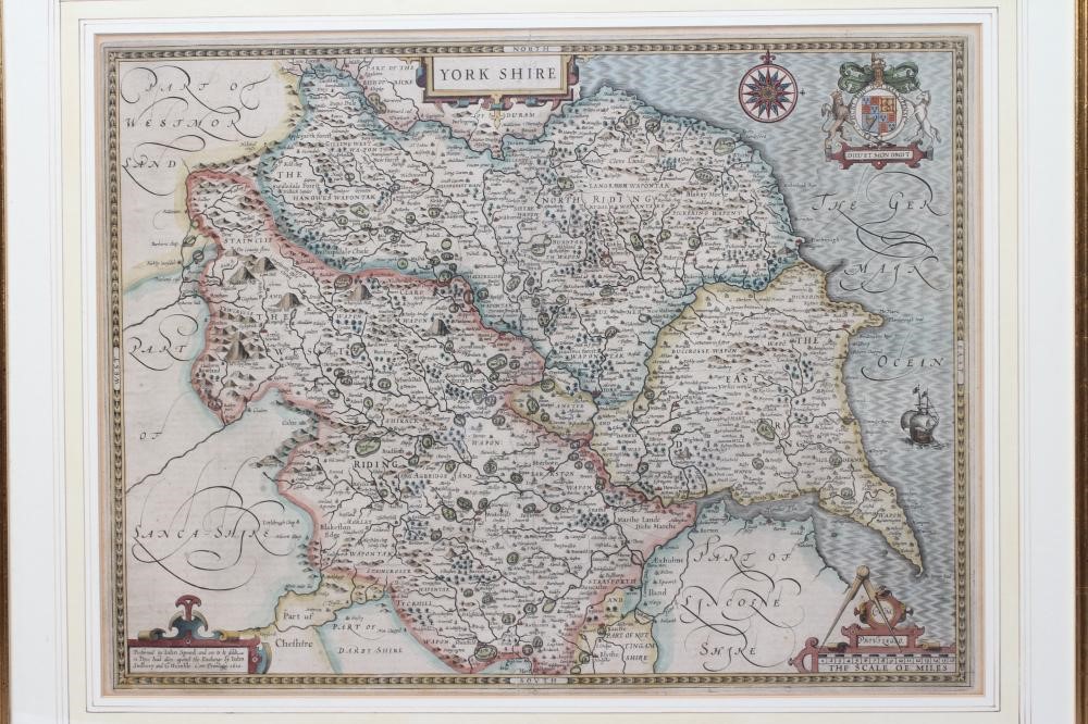JOHN SPEED (1552-1629) Map of Yorkshire c.1610, engraving with later hand colouring, 25 1/2" x 20" Image