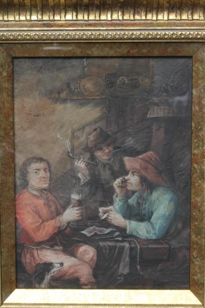 MANNER OF ADRIAEN BROUWER (1605-1638) Tavern Interior, watercolour heightened with white, 8" x 6", Image