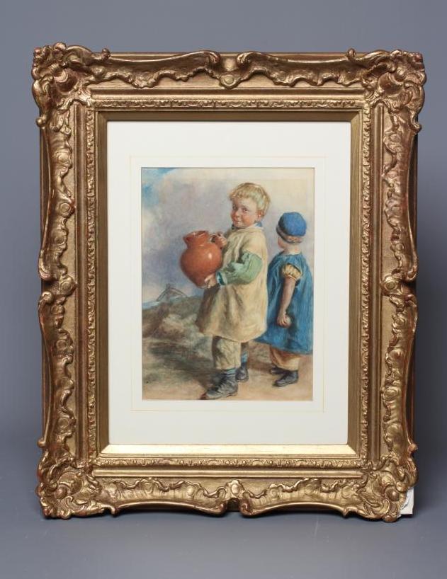 BRITISH SCHOOL (Late 19th Century) Child Carrying an Earthenware Jug, watercolour, 11" x 8", framed Image