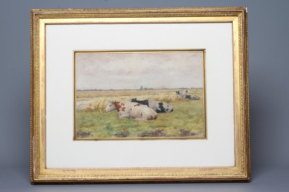 HERMANUS GERHARDUS WOLBERS (1856-1926) Cattle in a Meadow, signed lower right, watercolour, 9" x 13 Image