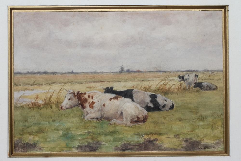 HERMANUS GERHARDUS WOLBERS (1856-1926) Cattle in a Meadow, signed lower right, watercolour, 9" x 13 Image