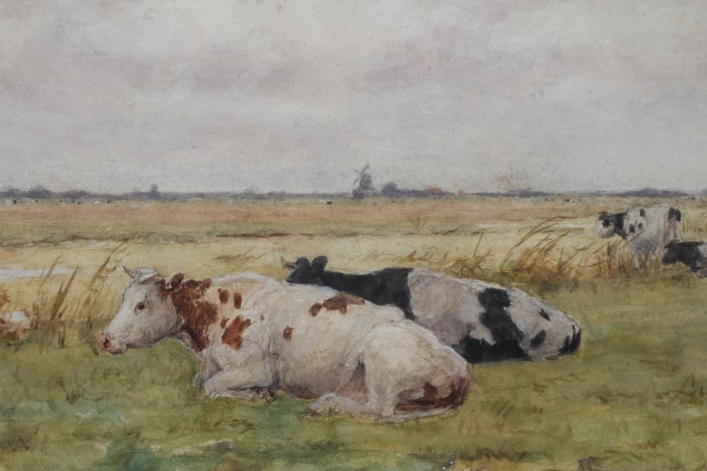 HERMANUS GERHARDUS WOLBERS (1856-1926) Cattle in a Meadow, signed lower right, watercolour, 9" x 13 Image