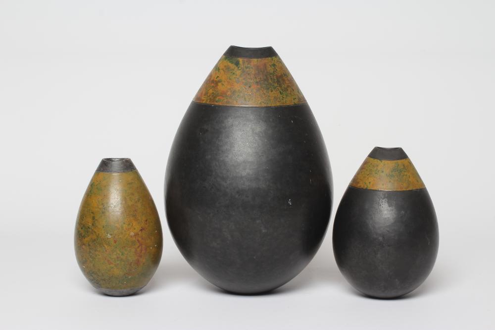 ANDREW HILL (b.1964) - three raku stoneware ovoid vases with mottled glazes, incised initials to Image