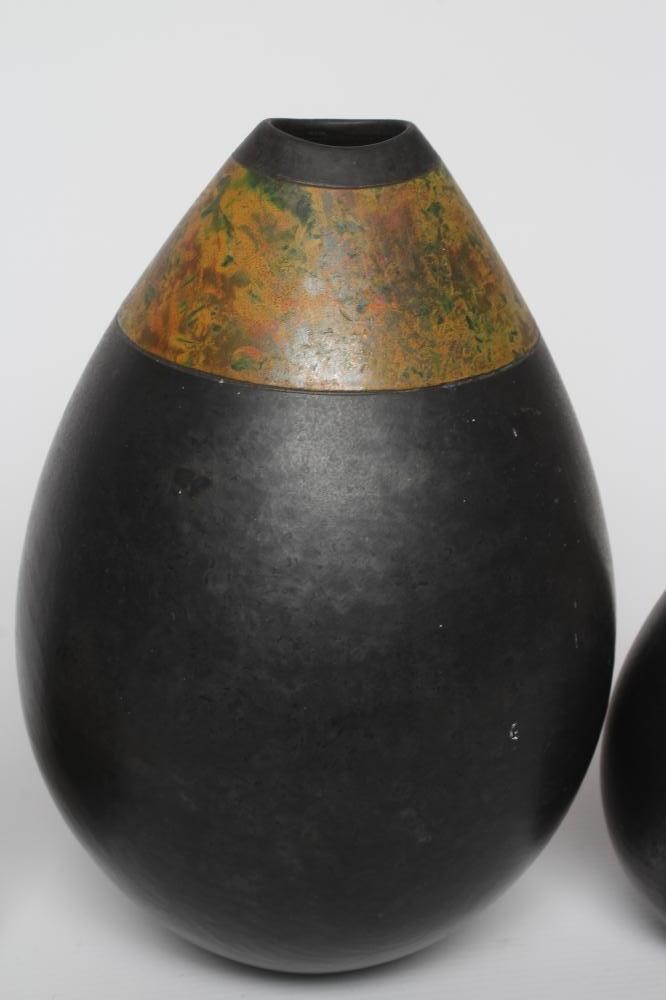 ANDREW HILL (b.1964) - three raku stoneware ovoid vases with mottled glazes, incised initials to Image