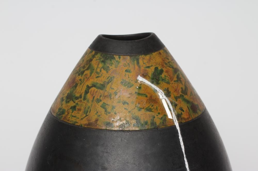 ANDREW HILL (b.1964) - three raku stoneware ovoid vases with mottled glazes, incised initials to Image