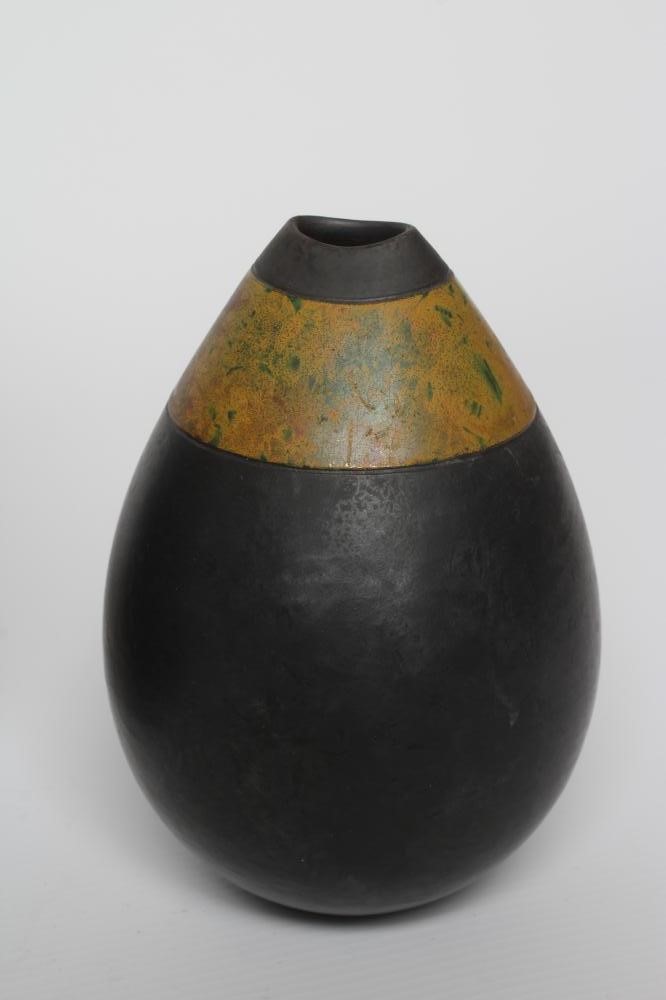 ANDREW HILL (b.1964) - three raku stoneware ovoid vases with mottled glazes, incised initials to Image