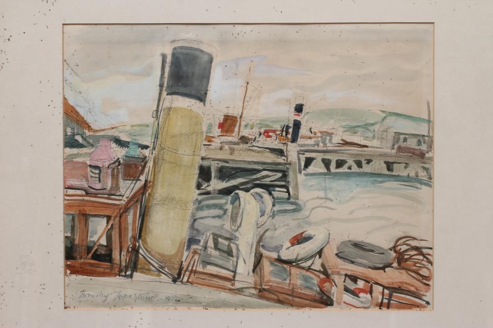 DOROTHY JOHNSTONE (1892-1980) Busy Harbour Scene, watercolour and gouache, 10 1/2" x 14 1/2", framed Image