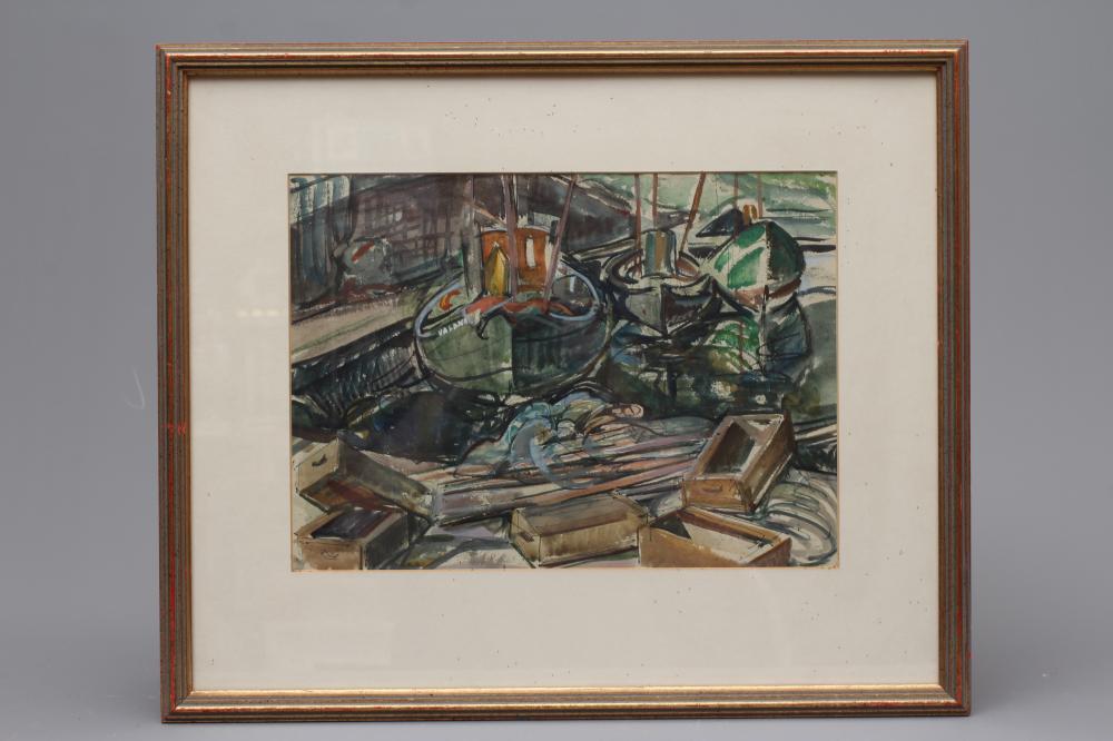 DOROTHY JOHNSTONE (1892-1980) Fishing Boat at its Moorings, watercolour over pencil, 11" x 14", Image
