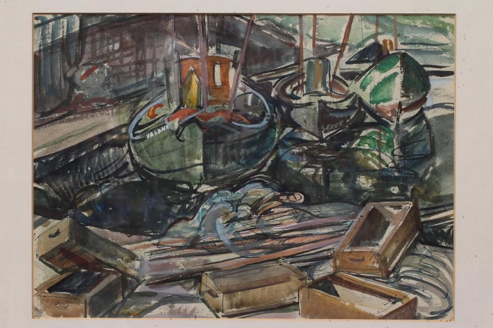 DOROTHY JOHNSTONE (1892-1980) Fishing Boat at its Moorings, watercolour over pencil, 11" x 14", Image