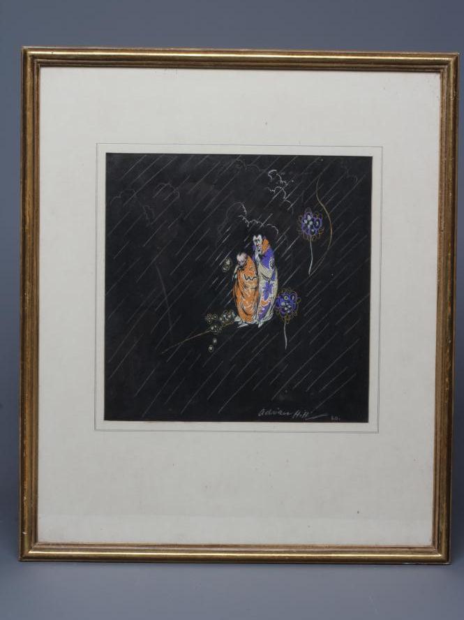 ADRIAN HILL (1895-1977) Two Japanese Figures, signed lower right, mixed media, 11 1/2" x 11 1/2", Image