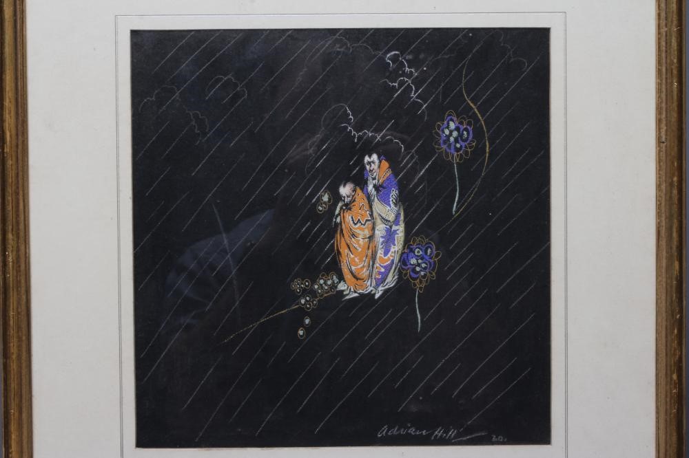 ADRIAN HILL (1895-1977) Two Japanese Figures, signed lower right, mixed media, 11 1/2" x 11 1/2", Image