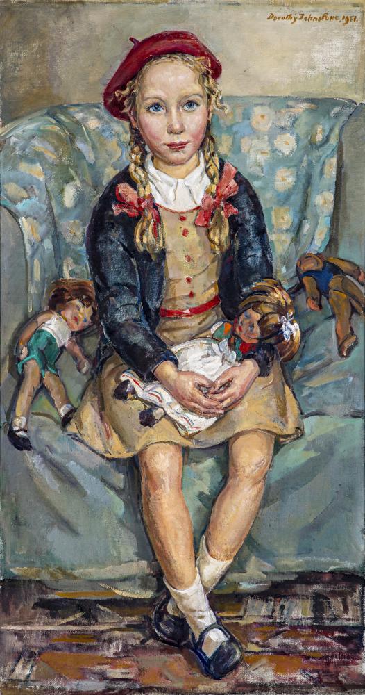 DOROTHY JOHNSTONE (1892-1980) Portrait of a Young Girl seated on an armchair holding a doll Image