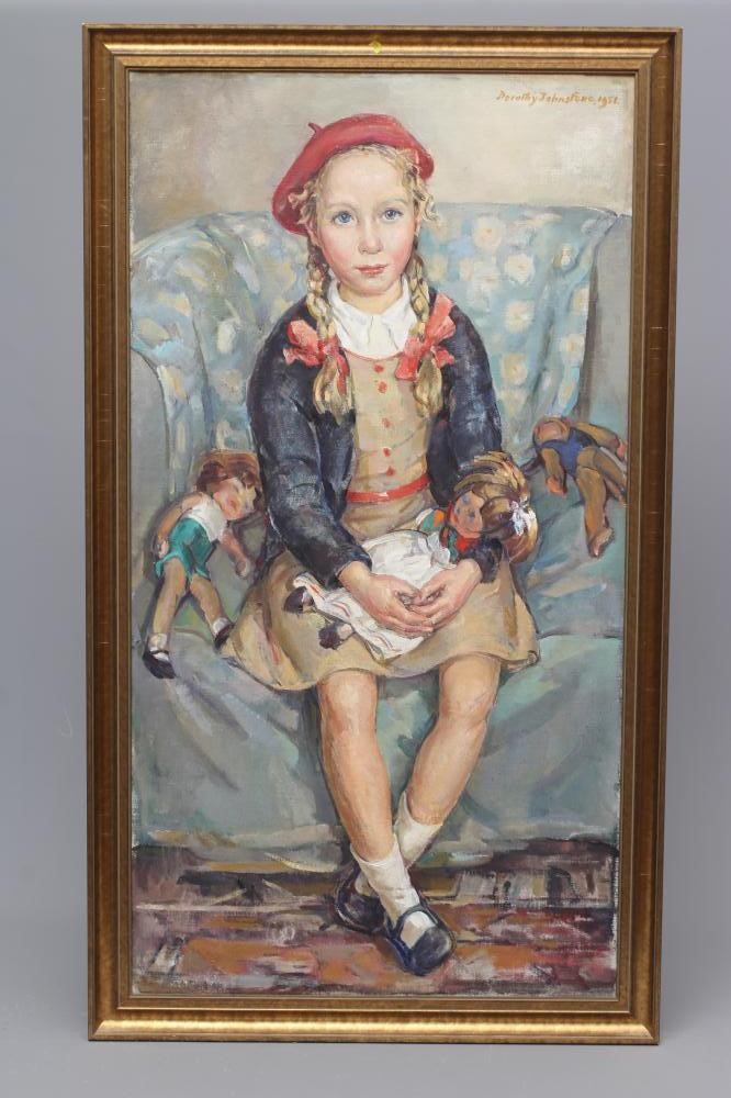 DOROTHY JOHNSTONE (1892-1980) Portrait of a Young Girl seated on an armchair holding a doll Image