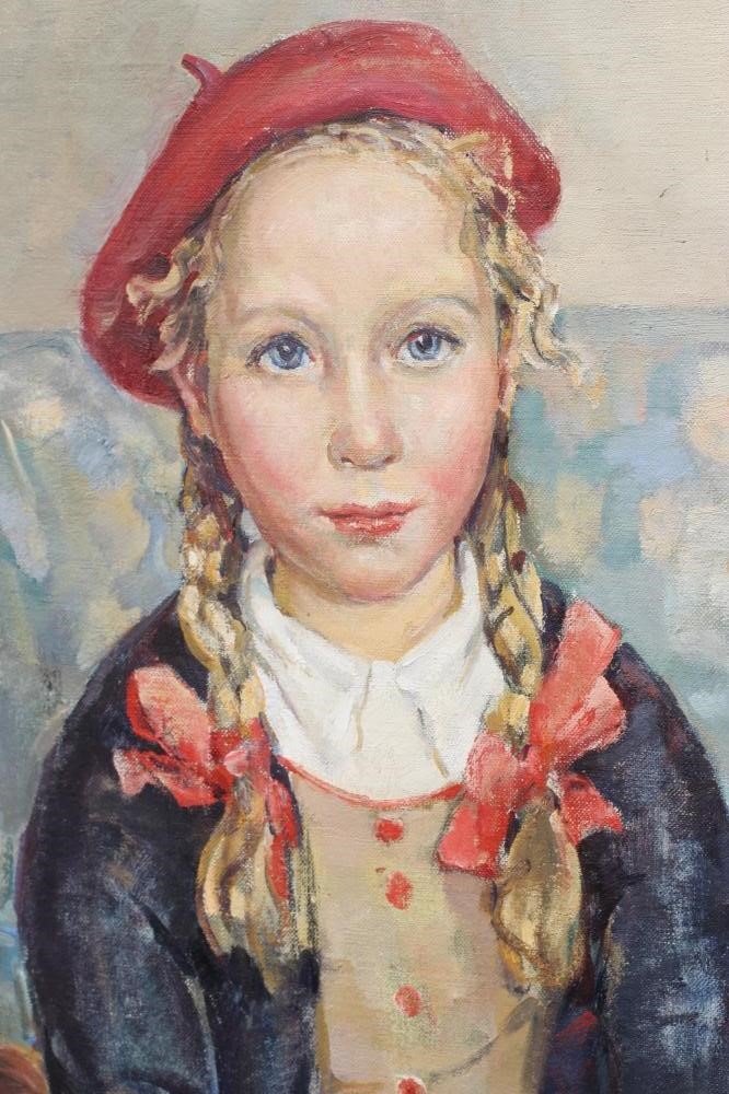 DOROTHY JOHNSTONE (1892-1980) Portrait of a Young Girl seated on an armchair holding a doll Image