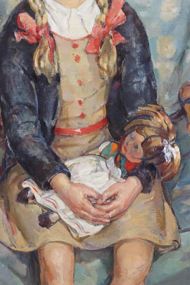 DOROTHY JOHNSTONE (1892-1980) Portrait of a Young Girl seated on an armchair holding a doll Image