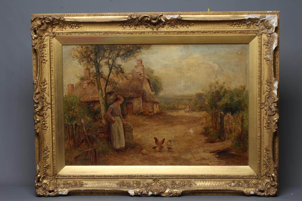 ERNEST CHARLES WALBOURN (1872-1927) Village Scene with Young Lady Feeding the Hens, signed lower Image