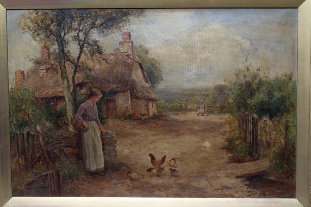 ERNEST CHARLES WALBOURN (1872-1927) Village Scene with Young Lady Feeding the Hens, signed lower Image