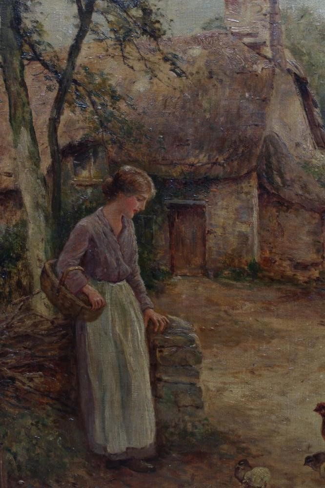 ERNEST CHARLES WALBOURN (1872-1927) Village Scene with Young Lady Feeding the Hens, signed lower Image