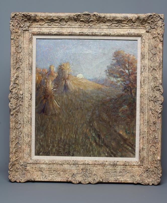 JOHN BARAGWANATH KING (1864-1939) Corn Sheafs at Dusk, signed lower left, oil on canvas, 15" x 13", Image